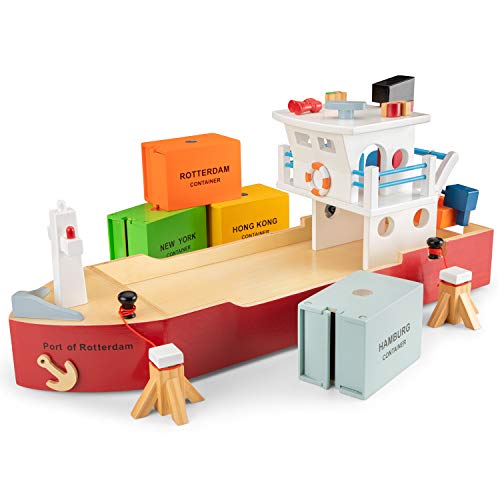 New Classic Toys - Holzspielzeug, Containerschiff - Für Kinder ab 3 Jahren - Enthält 4 Container, 2 Poller, 2 Taue und Beiboot mit Rädern von New Classic Toys