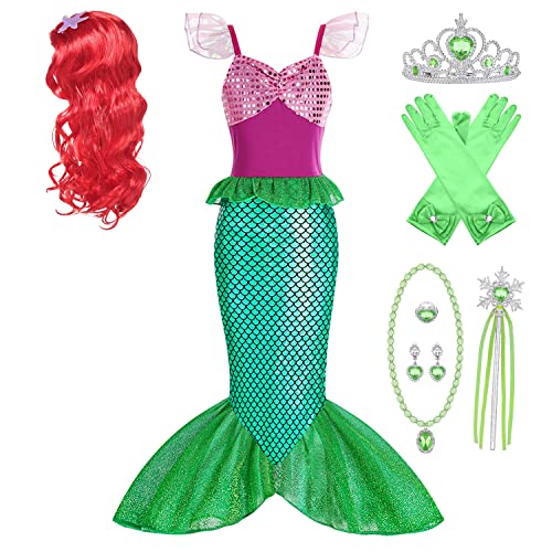 New fornt Meerjungfrau Mädchen Kostüm mit rote Perücke Krone Kinder Prinzessin Badeanzug Baby dress up Set für Karneval Party Hallooween Weihnachten Verkleidung Cosplay Pool Strand, grün, 120 von New front