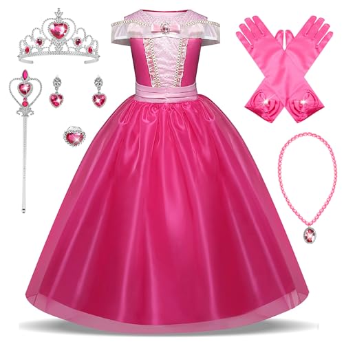 New front Aurora Prinzessin Kleid für Mädchen Belle Kinder Kostüm Rosa Schulterfrei Dress up Set mit Zubehöre Outfits für Verkleidung Halloween Karneval Cosplay Rollenspiele, Rosa-6PS, 110 von New front