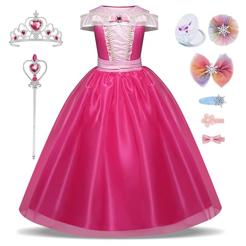 New front Aurora Prinzessin Kleid für Mädchen Belle Kinder Kostüm Rosa Schulterfrei Dress up Set mit Zubehöre Outfits für Verkleidung Halloween Karneval Cosplay Rollenspiele, Rosa-XDP, 100 von New front