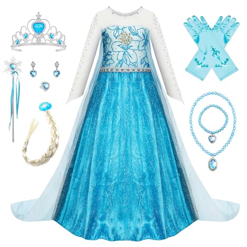 New front Eiskönigin Elsa Kostüm Prinzessin Kostüme Elsa Prinzessin Set Mädchen Kleid mit Accessoires Prinzessin Kleid für Weihnachtsfeier Cosplay Halloween Karneval,Blau,110 von New front