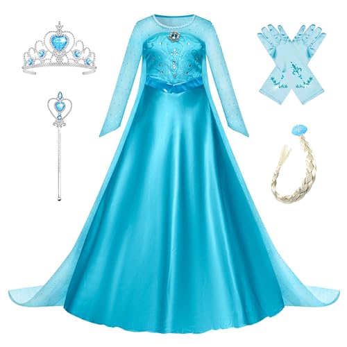 New front Elsa Mädchen Prinzessin Kleid mit Zubehöre Kinder Kostüm Dress up Set für Verkleidung Cosplay Halloween Karneval Weihnachten, Blau, 120 von New front