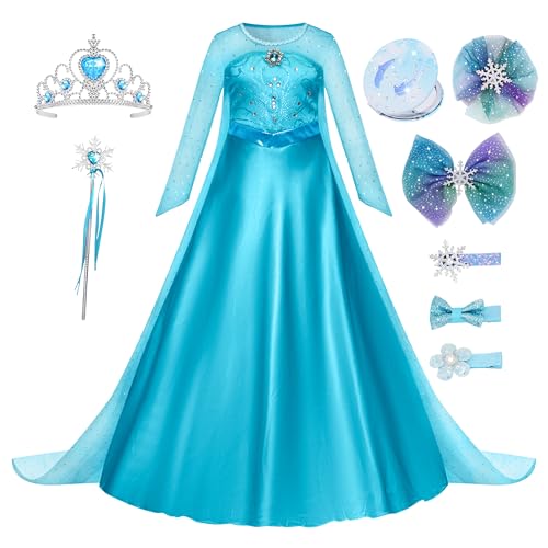 New front Elsa Mädchen Prinzessin Kleid mit Zubehöre Kinder Kostüm Dress up Set für Verkleidung Cosplay Halloween Karneval Weihnachten, Blau-XDP, 120 von New front