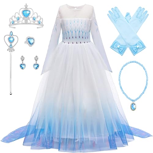 New front Mädchen Kleid Prinzessin Elsa Eiskönigin Lange Ärmel Kostüm Allerheiligen Weihnachten Abend Verkleidung Langes Kinder Diademe Zauberstab Violett 2-9 Jahre,Weiß,110 von New front