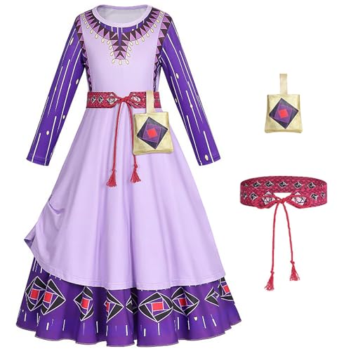 New front Kinder Kleid für Prinzessin Asha Mädchen Verkleidung Wish Kostüm Tasche Hüftgürtel Halloween Karneval Weihnachten Dress Up 3-8 Jahre Lange Ärmel Geburtstag,Violett,100 von New front