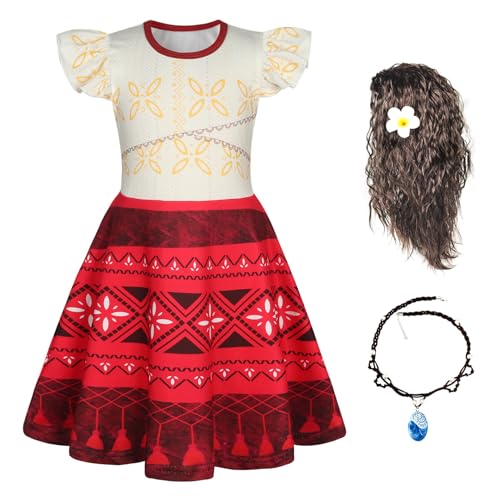 New front Kinder Moana Prinzessin Kostüm mit Perücke Vaiana 2 Kleider für Mädchen baby rock für Verkleidung Halloween Halskette Kindergarten Geburtstag Cosplay, rot, 100 von New front