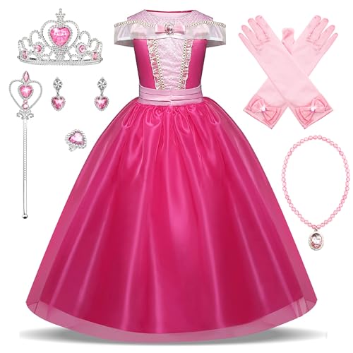 New front Kleid Mädchen Prinzessin Aurora Kostüm Dornröschen Rosa Kinder Verkleidung Halloween Weihnachtsfeier Fasching Sleeping Beauty Diademe Zauberstab Kleider 3-8 Jahre,Rosa,110 von New front