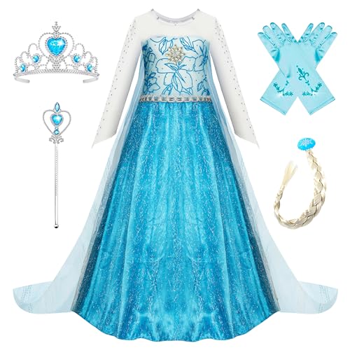 New front Kleid Mädchen Prinzessin Elsa Verkleidung Eiskönigin Schleppe Lange Ärmel Weihnachten Fasching Allerheiligen Kinder Kostüm Diademe Zauberstab Blau Cosplay,Blau,110 von New front