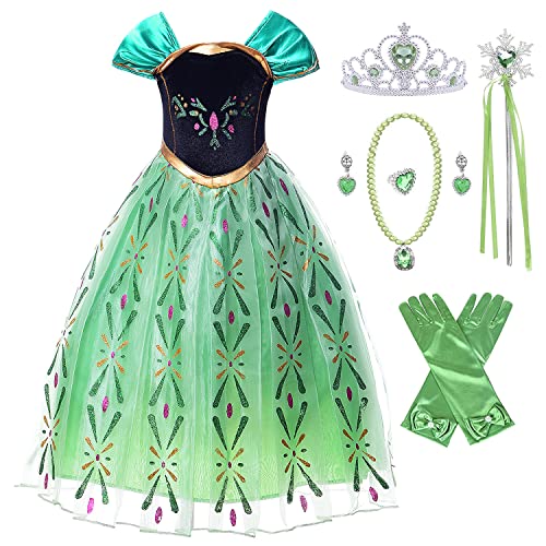 New front Kostüm Mädchen Eiskönigin Kleid Prinzessin Elsa Kinder Grün 2-8 Jahre Prinzessin Anna Verkleidung Weihnachten Fest Geburtstag Karneval Cosplay Zubehör,Grün,110 von New front