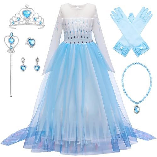 New front Mädchen Kleid Prinzessin Elsa Eiskönigin Lange Ärmel Kostüm Allerheiligen Weihnachten Abend Verkleidung Langes Kinder Diademe Zauberstab Violett 2-9 Jahre,Blau,110 von New front