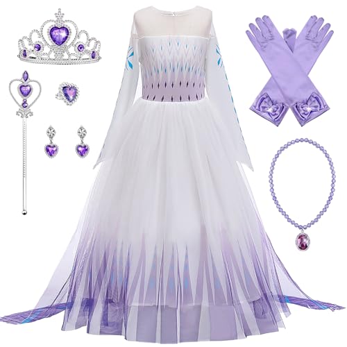 New front Mädchen Kleid Prinzessin Elsa Eiskönigin Lange Ärmel Kostüm Allerheiligen Weihnachten Abend Verkleidung Langes Kinder Diademe Zauberstab Violett 2-9 Jahre,Violett,110 von New front