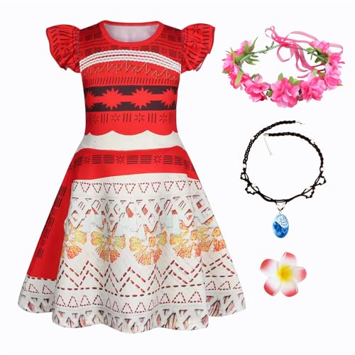 New front Mädchen Moana 2 Kostüm mit Kranz Halskette Vaiana Prinzessin Kleider für Kinder baby Outfits badeanzug für Halloween Kindergarten Pool Wasserpark Cosplay Weihnachten, rot, 100 von New front