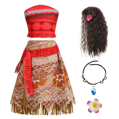 New front Mädchen Moana Kostüm mit Perücke Halskette Kinder Vaiana 2 Kleider zweiteilige Baby Outfits dress up Set für Kindergarten Halloween Blumenreife Verkleidung Cosplay, rot, 100 von New front