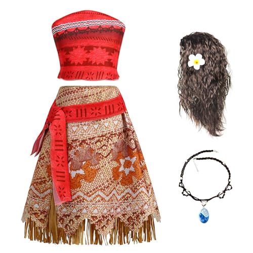 New front Mädchen Moana Prinzessin kostüm Kinder Vaiana 2 Graskleid mit Perücke Frau Erwachse Outfits Dress up Set für Verkleidung Halloween Cosplay Kindergarten Karneval, rot, 100 von New front