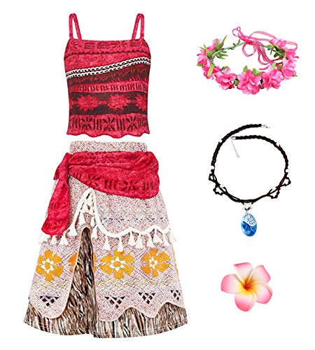 New front Mädchen Moanna Prinzessinnenkleid Vaiana Verkleidung Halloween Fasching Weihnachten Kostüm für Kinder Zubehör Halskette Blumenreife Haarspange Oberteil+Rock,Rot,100 von New front