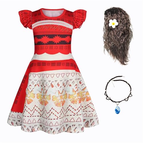 New front Mädchen Vaiana 2 Kostüm Kinder Moana Prinzessin Kleid mit Perück Halskette Baby Dress up Set Badeanzug für Verkleidung Cosplay Halloween Karneval Kindergarten Geschenk, rot, 100 von New front