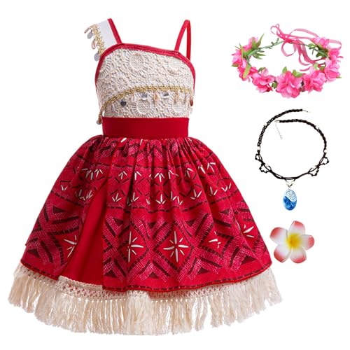 New front Mädchen Vaiana Kostüm Kinder Moana Kleid Hawaii Kostüm mit Kranz Halskette Prinzessin Outfits für Baby für Verkleidung Strand Cosplay Genschenk Karneval, rot, 100 von New front