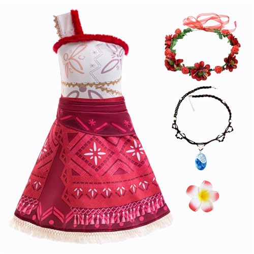 New front Mädchen Vaiana Kostüm Kinder Prinzessin Moana Kleid mit Zubehöre für Verkleidung Halloween Ankleiden Weihnachten Kindergarten Cosplay, rot, 100 von New front