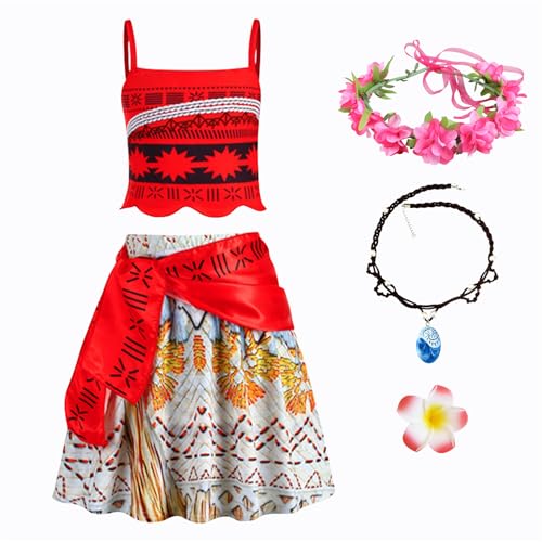 New front Moana 2 Kostüm Kinder Vaiana 2 Prinzessinnenkleid für Mädchen zweiteilige Outfits mit Kranz Halskette für Cosplay Ankleiden Kindergarten Halloween Weihnachten, rot, 100 von New front