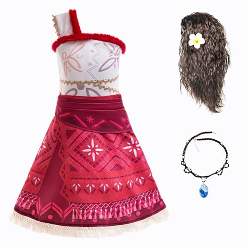 New front Moana 2 Prinzessin Mädchen Kostüm Vaiana Kleid für Kinder Baby Dress up Set mit Halskette Perücke für Verkleidung Cosplay Fasching Karneval Weihnachten Halloween Geburtstag, rot, 100 von New front