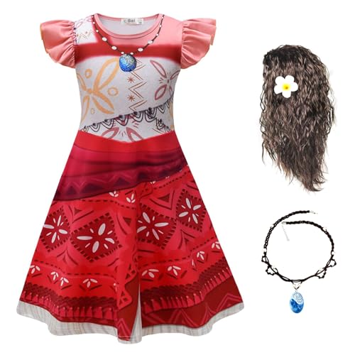 New front Moana Kostüm für Mädchen Kinder Vaiana 2 Prinzessin Kleid mit Perücke Halskette Dress up Set für Baby für Hawaii Kostüm Verkleidung Karneval Cosplay Geschenk Weihnachten, rot, 100 von New front