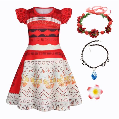 New front Moana Mädchen Kostüm mit Kranz Halskette Vaiana 2 Prinzessin Kleid für Kinder Baby einteiliger Badeanzug für Verkleidung Cosplay Halloween Karneval Fasching, rot, 100 von New front