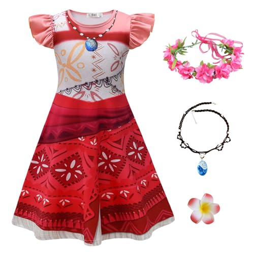 New front Moana Mädchen Prinzessin Kleid Kinder Vaiana 2 Kostüm mit Kranz Halskette Baby Dress up Set Badeanzug Outfits für Verkleidung Cosplay Halloween Karneval Geburtstag Karneval, rot, 100 von New front