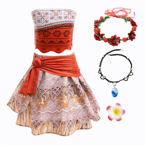 New front Moana Prinzessin Kleid für Mädchen Kinder Vaiana 2 Kostüm mit Halskette Kranz Baby Badeanzug für Strand Verkleidung Cosplay Urlaub Karneval Fasching Weihnachten Geschenk, Rot, 100 von New front