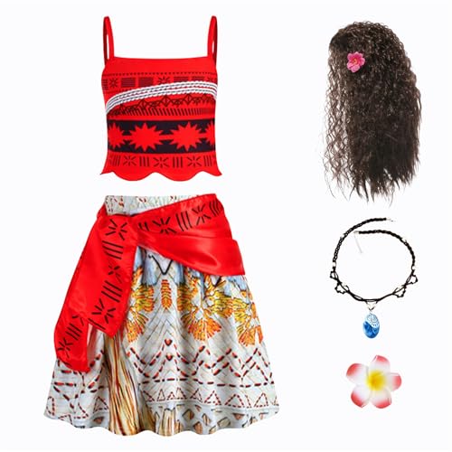 New front Prinzessin Kleid für Mächen Moana 2 zweiteilige Set für Kinder Vaiana 2 Dress up Set mit Perücke Baby Badeanzug für Kindergarten Cosplay Verkleidung Weihnachten Halloween Karneval, rot, 140 von New front