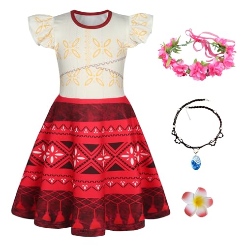 New front Prinzessin Kleid für Mädchen Moana Kostüm mit Halskette Kranz Baby Vaiana 2 Dress up Set für Verkleidung Cosplay Halloween Karneval Rollenspiele Kindergarten Geschenk, rot, 100 von New front