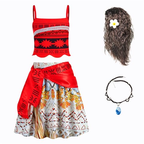 New front Prinzessin Moana 2 Kleider für Mädchen Vaiana 2 Kostüm mit Halskette Perücke Kinder Dress up Set für Verkleidung Karneval Cosplay Weihnachten Geburtstag Party, rot, 100 von New front