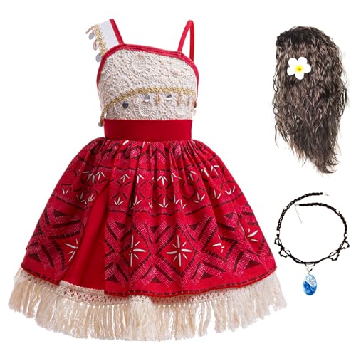 New front Vaiana 2 Kostüm Mädchen Kinder Moana Prinzessin Kleid mit Perücke Halskette Tribal Dress baby dress up für Kindergarten Halloween Cosplay Weihnachten Verkleidung Karneval, rot, 120 von New front