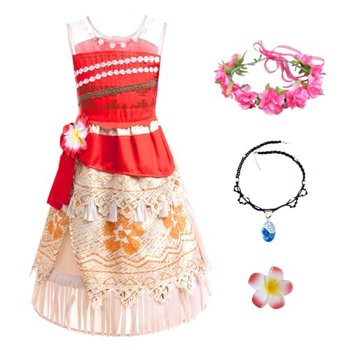 New front Vaiana 2 Kostüm Mädchen Prinzessin Moana Kleid abenteuer outfits fancy Dress für Kinder Halskette Kranz für Cosplay Fasching Verkleidung Strand Halloween Karneval, rot, 110 von New front