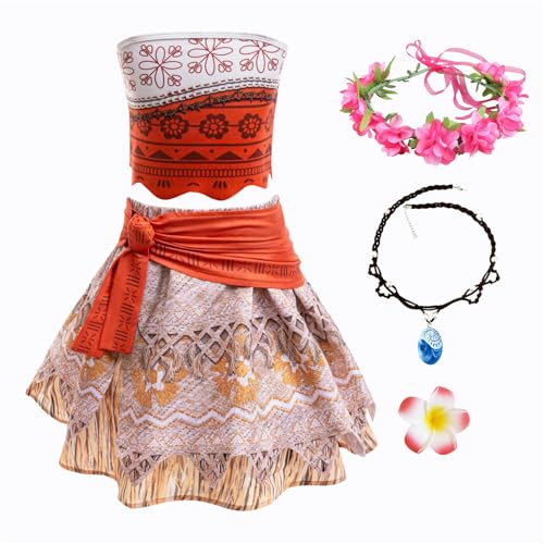 New front Vaiana 2 Kostüm für Mädchen Kinder Moana Badeanzüge Kleider mit Blumen Kranz Baby Prinzessin zweiteilig Outfits für Kindergarten Verkleidung Cosplay Halloween Weihnachten Kindertag, Rot, 110 von New front