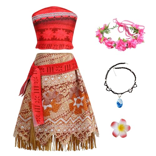 New front Vaiana 2 Kostüm für Mädchen Kinder Moana Fancy Dress up Set mit Kranz Blumen Baby Kleider Badeanzug zweiteilige Kleidung für Cosplay Verkleidung Halloween Karneval Fasching, rot, 100 von New front