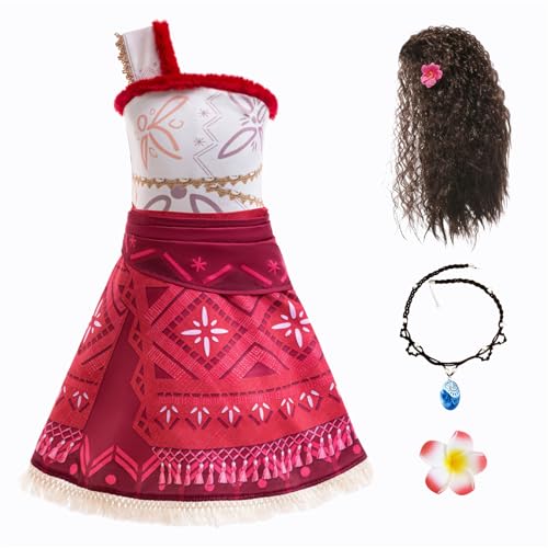 New front Vaiana 2 Kostüm für Mädchen Kinder Moana Kleider mit Perücke Halskette Dress up Set für Baby für Verkleidung Karneval Halloween Cosplay Weihnachten, rot, 100 von New front