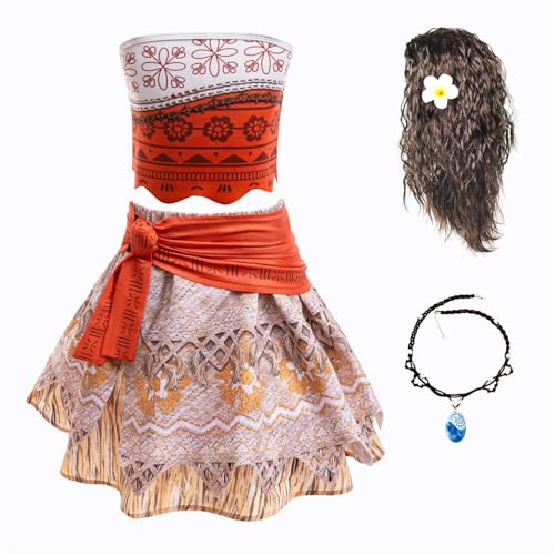 New front Vaiana 2 Kostüm für Mädchen Kinder Moana Princess zweiteilig Kleid mit Perücke Baby Badeanzug für Verkleidung Ankleiden Fasching fancy dress Weihnachten Karneval Cosplay, Rot, 100 von New front