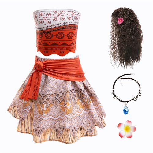 New front Vaiana 2 Kostüm für Mädchen Kinder Moana Prinzessin Kleid mit Perücke Halskette Baby zweiteilig Outfits badeanzug für Verkleidung Karneval Weihnachten Fasching Ankleiden Cosplay, Rot, 100 von New front