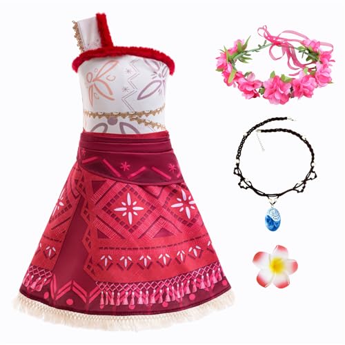 New front Vaiana 2 Kostüm für Mädchen Kinder Moana Prinzessin kleid mit Halskette Kranz Baby einteilige outfits für Verkleidung Halloween Weihnachten Geburtstagsfeiern Dress up, rot, 100 von New front