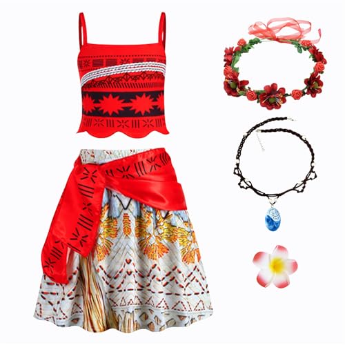 New front Vaiana 2 Kostüm für Mädchen Moana Prinzessin Kleid für Kinder Zweiteilige Set mit Kranz Halskette Outfits für Verkleidung Cosplay Rollenspiele Weihnachten Geburtstag Karneval, rot, 100 von New front