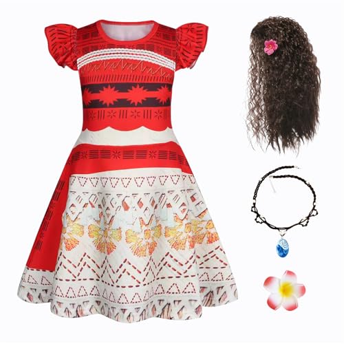 New front klassisches Moana Kostüm für Mädchen Kinder Dress up Set mit Halskette Perücke Baby Outfits Rock für Verkleidung Maui Kostüm Weltbuchtag Cosplay Halloween Karneval, rot, 100 von New front