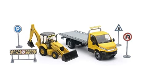 NEW16163A-IVECO DAILY Plattform mit NEW HOLLAND B110C Baggerlader und Zubehör-NEWRAY-1/43 von NewRay