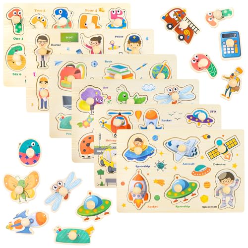 NewZC Greifpuzzle Holz Set 6 Montessori Pädagogisches Holzpuzzle mit Griff Lernspielzeug Steckpuzzle Kleinkinder für Mädchen Jungen ab 3 Jahre-Zahlen Transport Insekten Berufe Schulbedarf Weltraum NewZC Greifpuzzle Holz Set 6 Montessori Pädagogisches Holzpuzzle mit Griff Lernspielzeug Steckpuzzle Kleinkinder für Mädchen Jungen ab 3 Jahre-Zahlen Transport Insekten Berufe Schulbedarf Weltraum von NewZC