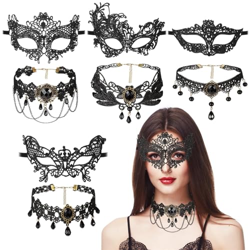 Newhope 8-teiliges Maskerade Kostüm Set: 4 Spitzen Maskeraden Augenmasken & 4 Flexible Gotik Spitzen Halsketten für Damen - Historisch, Karneval & Cosplay von Newhope