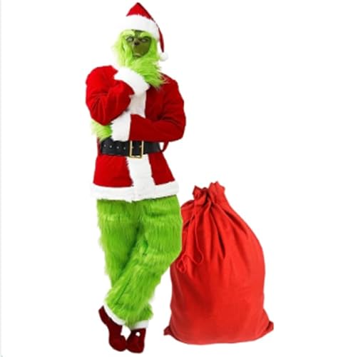 Newhope Grinch Kostüm für Erwachsene - 8 PCS Grinch Weihnachtsmann Outfit Grünes Monster Halloween Weihnachtsanzug mit Maske und Weihnachtsmütze Cosplay Requisiten L-XL von Newhope