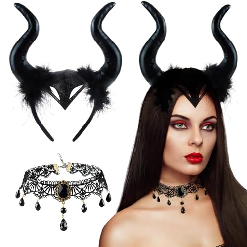 Newhope Hörner Kopfschmuck, 2 Pcs Königin Hörner mit Gothic Retro Spitzenhalskette, Teufel Haarschmuck, Hörner Haarreif, Halloween Damen Kostüm für Karneval, Maskerade, Cosplay, Karneval von Newhope