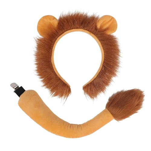 Newhope Löwe Stirnband Schwanz Set Tier Kostüm Set Halloween Kostüme Plüsch Löweohren Löweschwanz Cosplay Set Haarreifen Löwe Tierohren Schwanz Set Haarspange Headwear Damen von Newhope