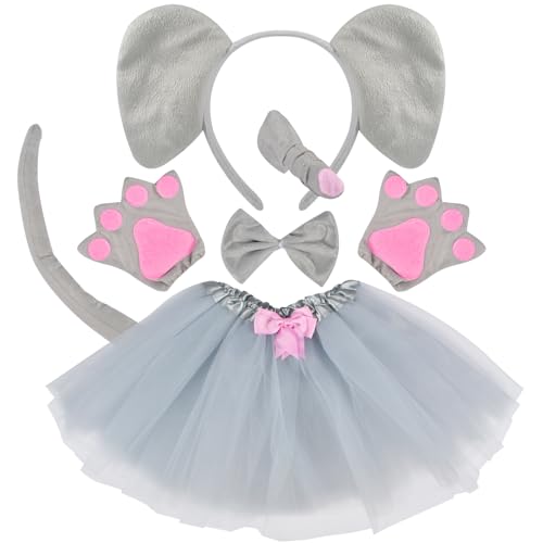 Elefanten Kinder Kostüm Set,Tierkostüm Kinder Tutu Rock mit Zubehör Tier Ohren Stirnband Nase Fliege Tierpfoten Handschuhe Schwanz Tier Verkleiden Set Karneval Party Halloween Kostüm für Mädchen von Newtic