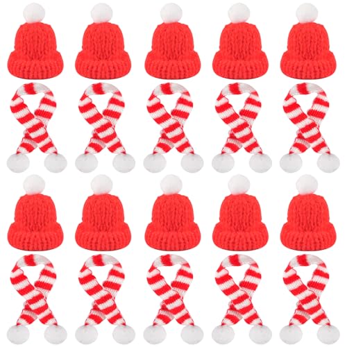 Newtic 20 Stück Mini Weihnachtsmütze, Mini Weihnachtsmütze und Schal Set, Mini-Strickmütze des Weihnachten, Nikolausmütze Klein für Weihnachtsfeiern, für Party Weihnachtsdekoration (A) von Newtic