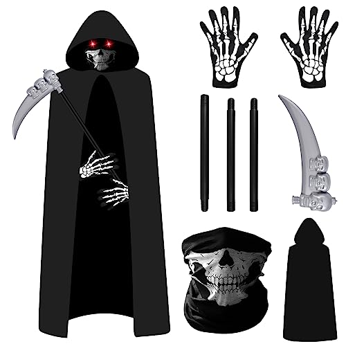 Newtic Herren Halloween-Kostüm Sensenmann, Halloween Schwarzer Umhang mit Schädelmaske, Handschuhen, Sense, Sensenmann Umhang mit Kapuze für Halloween Dekoration,Cosplay,Karneval von Newtic